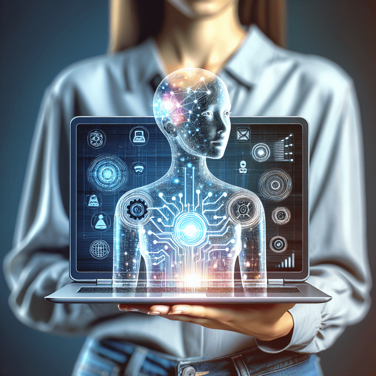 A South Asian woman stands holding a laptop, with AI-related icons and symbols displayed on the screen.