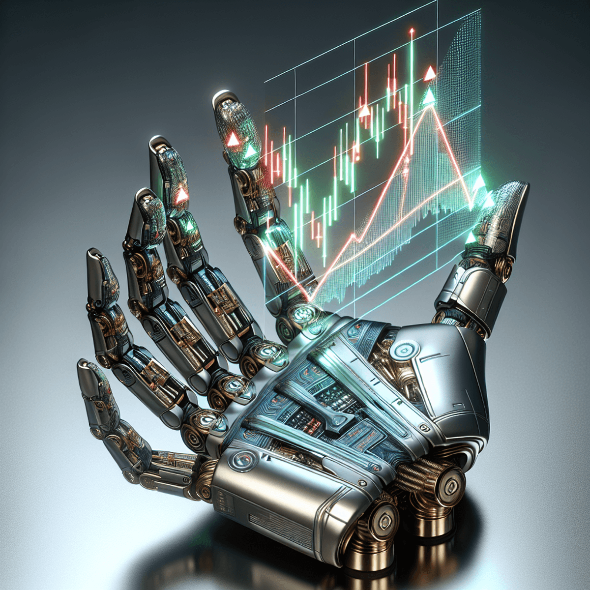 A metallic, futuristic robot hand holding a holographic stock chart with red and green triangular symbols, casting a soft glow on a shiny reflective s