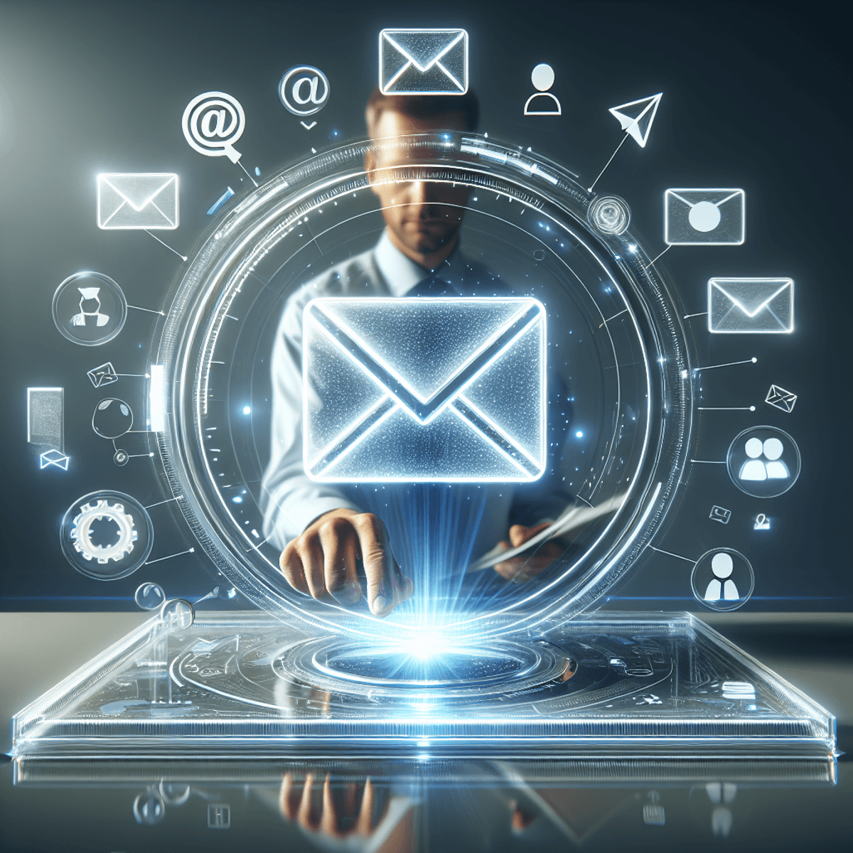 A person using a futuristic transparent device with a pulsating mail icon representing AI-powered email marketing.