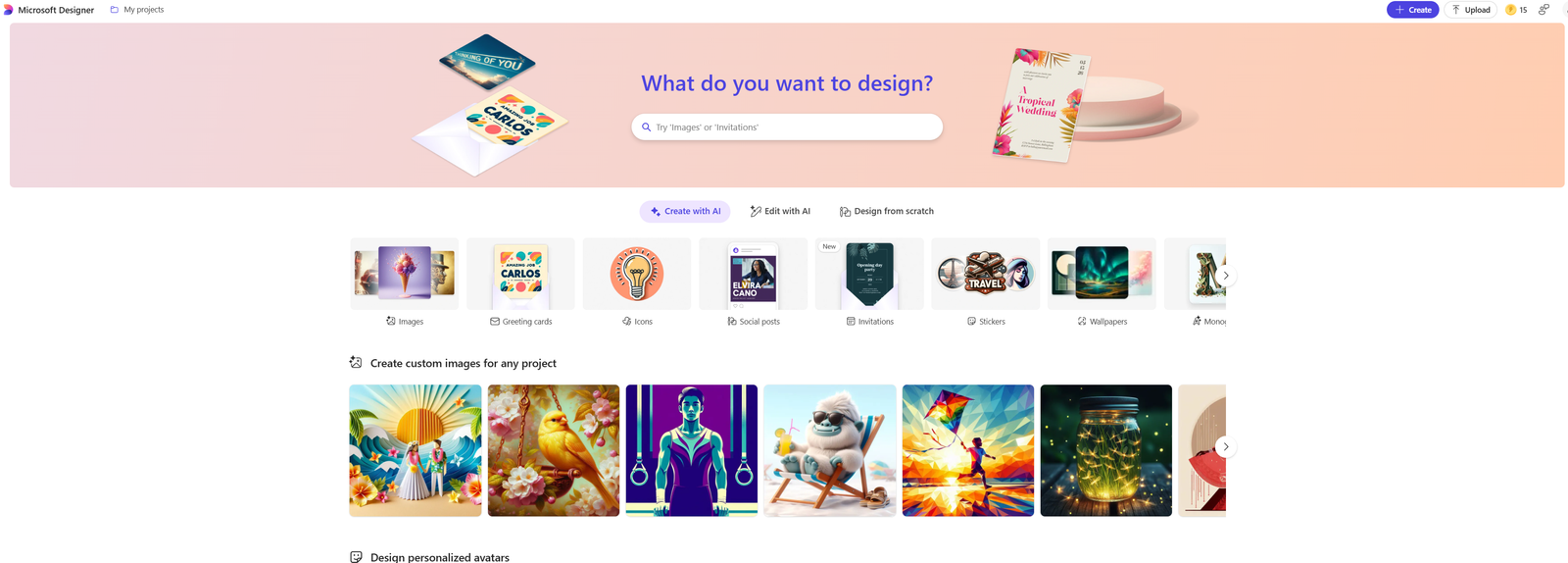 Microsoft designer homepage preview